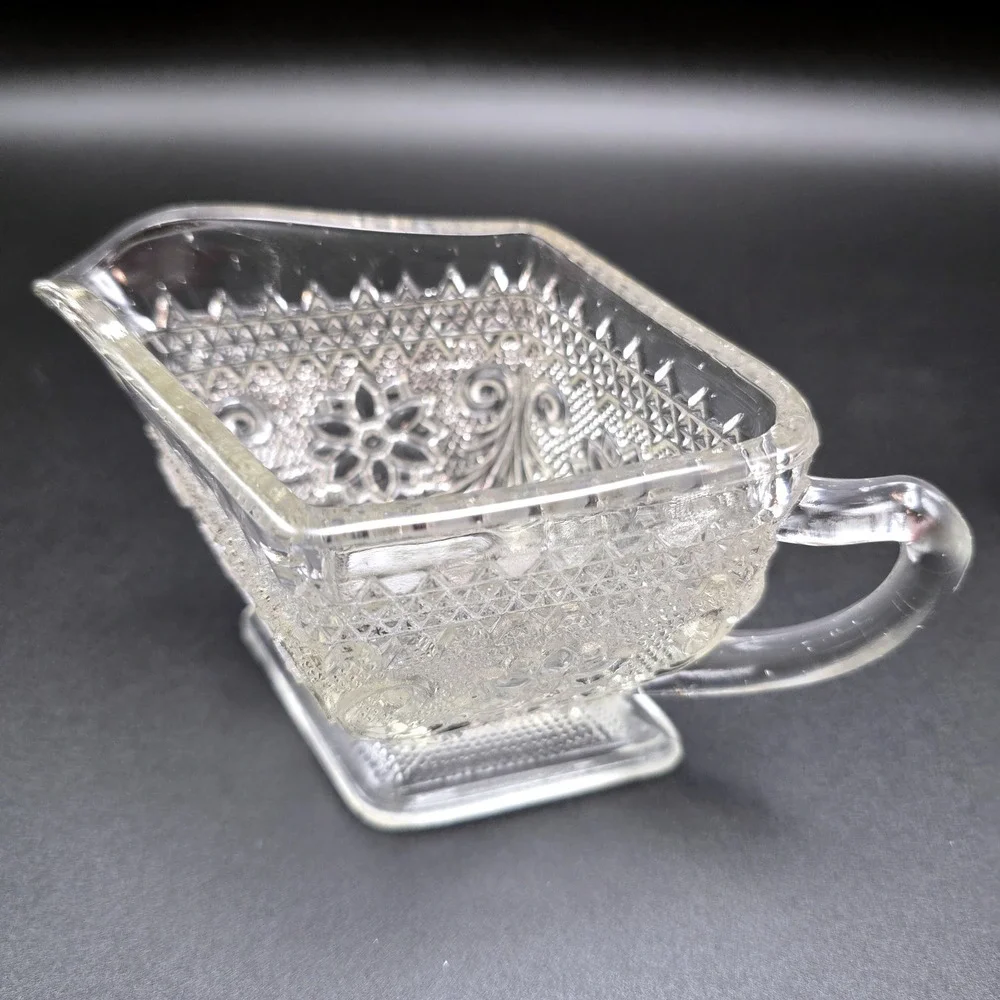 Vintage Clear Pressed Glass‎ Creamer and Sugar Bowl Set Floral Diamond Pattern